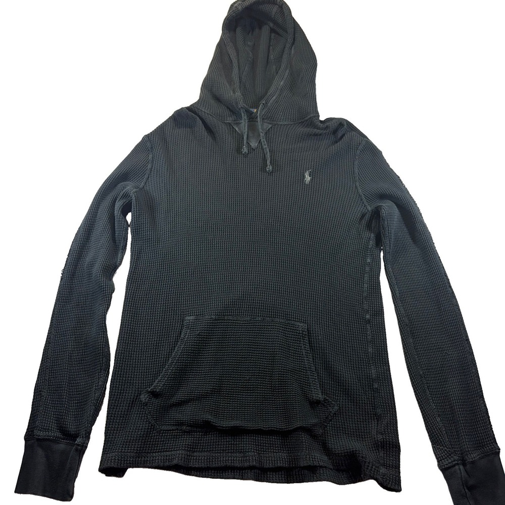 Polo Ralph Lauren Hoodie Men Med Black Thermal Waffle Knit Pullover Pony Hood